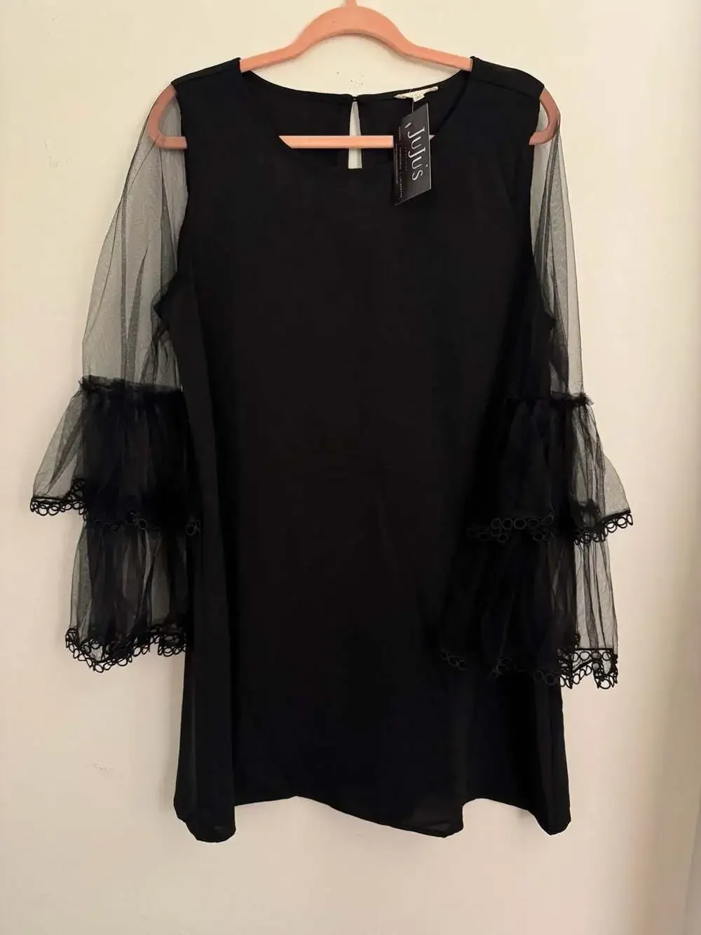 JODIFL NWT Black Tank Sheer Ruffle Net Sleeve Shift Dress - Picture 6 of 6